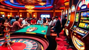 Experience exhilarating gameplay at GK88 casino with vibrant tables, chips, and slot machines.