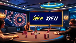 Experience thrilling online gambling at 399W with vibrant poker games and a roulette wheel.
