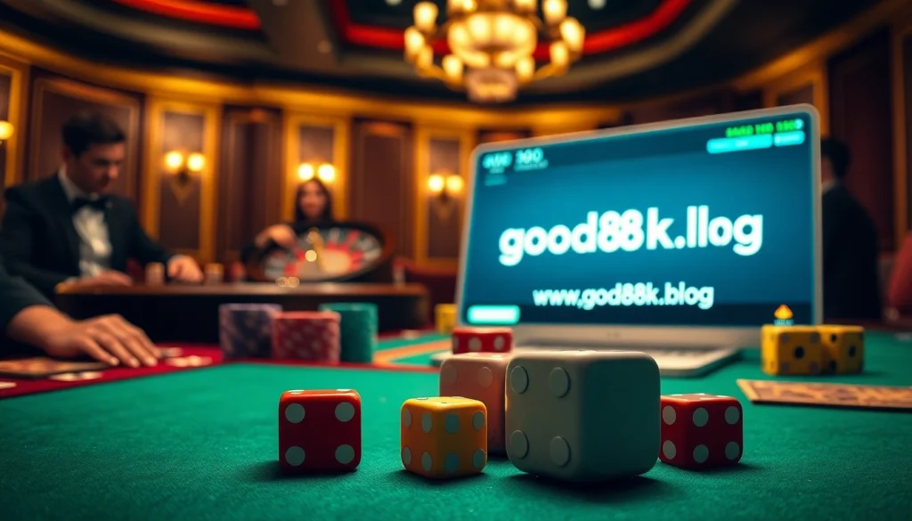 Engaging poker scene at a casino with highlights of good88k.blog, showcasing chips and a roulette wheel.