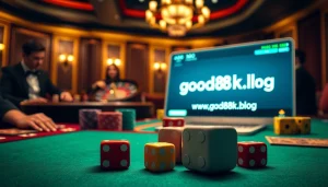 Engaging poker scene at a casino with highlights of good88k.blog, showcasing chips and a roulette wheel.