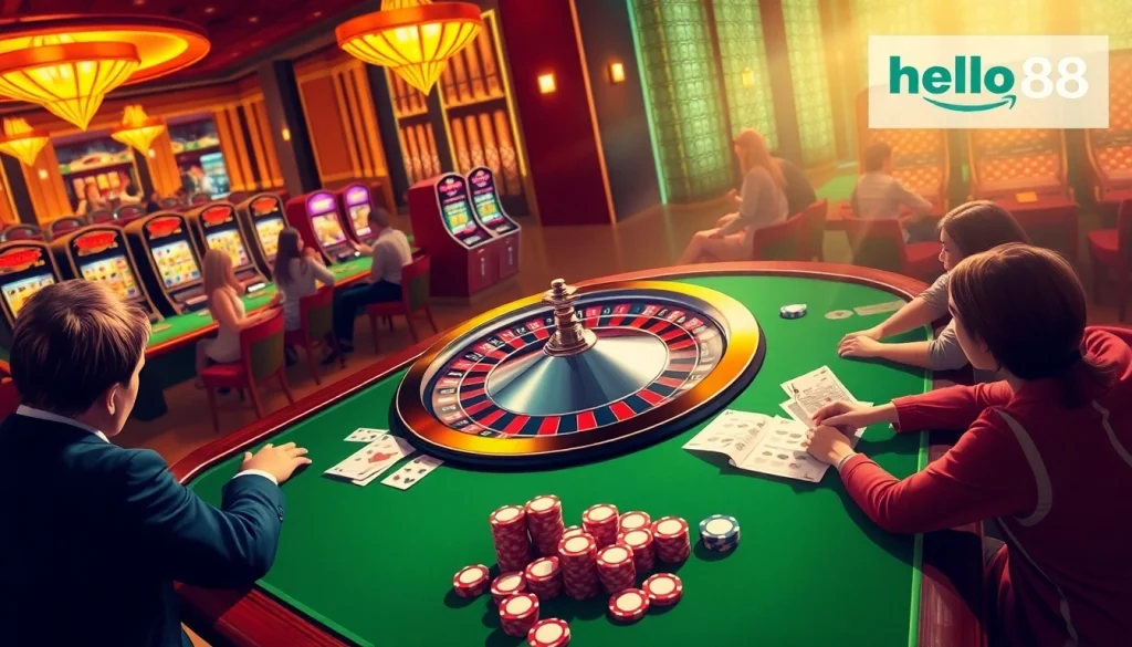 Experience the thrill of winning at hello88 with vibrant casino tables and excited gamblers.
