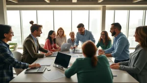 Salespeople collaborating creatively, surrounded by resources and discussion, showcasing best job boards for salespeople.
