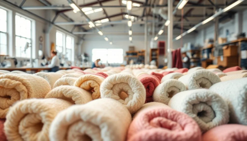 Bekijk de zachte badstof stof rollen in een creatieve werkplaats voor textielbewerking.