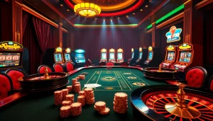 Nohu90 gaming table featuring poker chips and cards in a vibrant casino atmosphere.