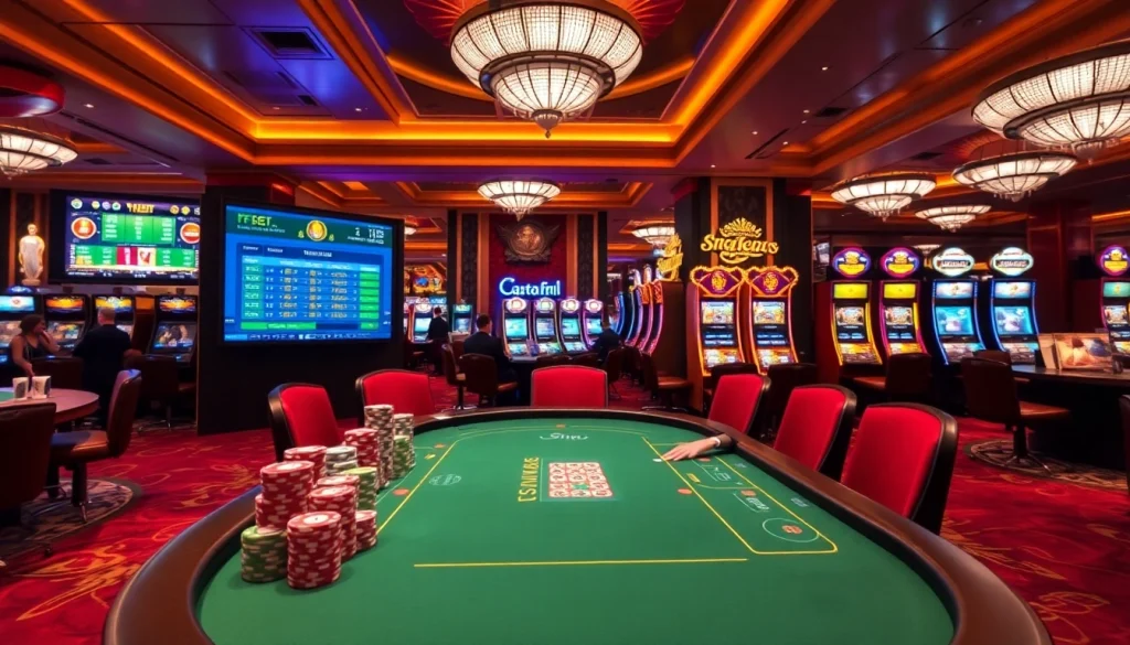 Engaging FE BET scene with excited gamblers at a poker table and animated slot machines in a luxurious casino.