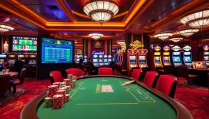 Engaging FE BET scene with excited gamblers at a poker table and animated slot machines in a luxurious casino.