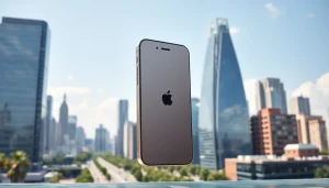 Showcasing the iPhone SE 4 with a sleek design amidst a vibrant urban setting.