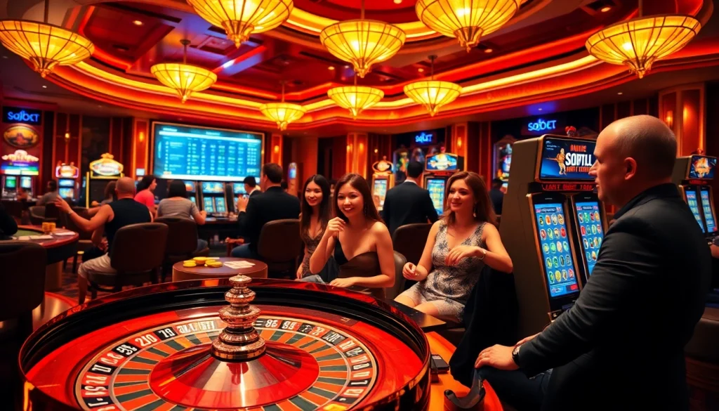 SBOBet players engaging in a lively casino scene with exciting gambling activities.