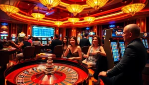 SBOBet players engaging in a lively casino scene with exciting gambling activities.