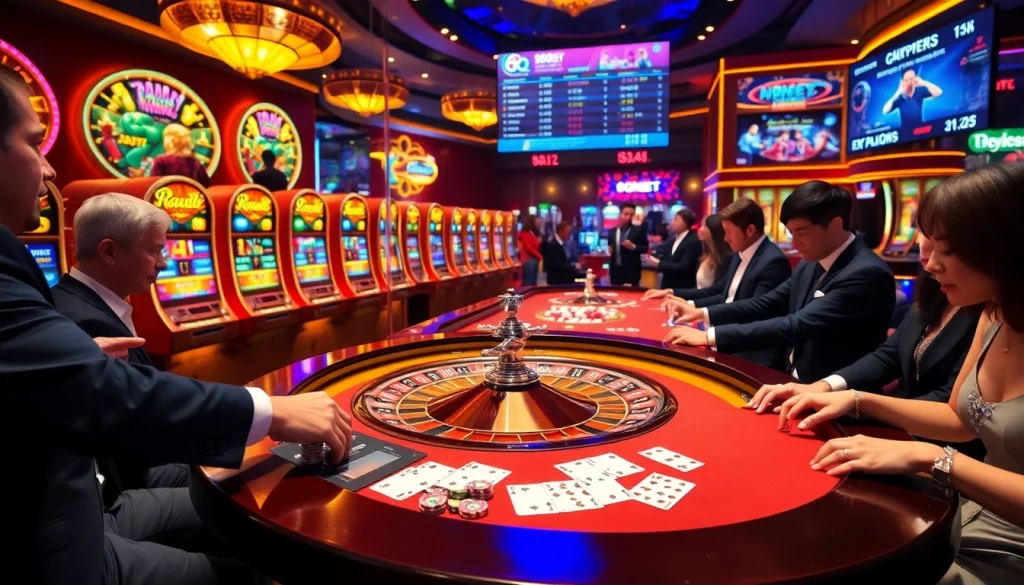 Players engaging with 8qbet at a luxurious casino table, showcasing excitement and betting action.