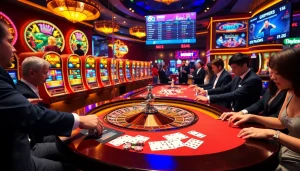 Players engaging with 8qbet at a luxurious casino table, showcasing excitement and betting action.