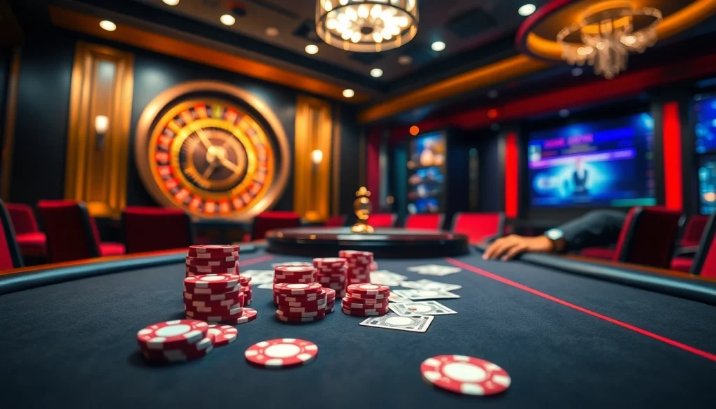 Engage with exhilarating casino games at https://da88.trading/, featuring luxury poker tables and vibrant gaming atmosphere.