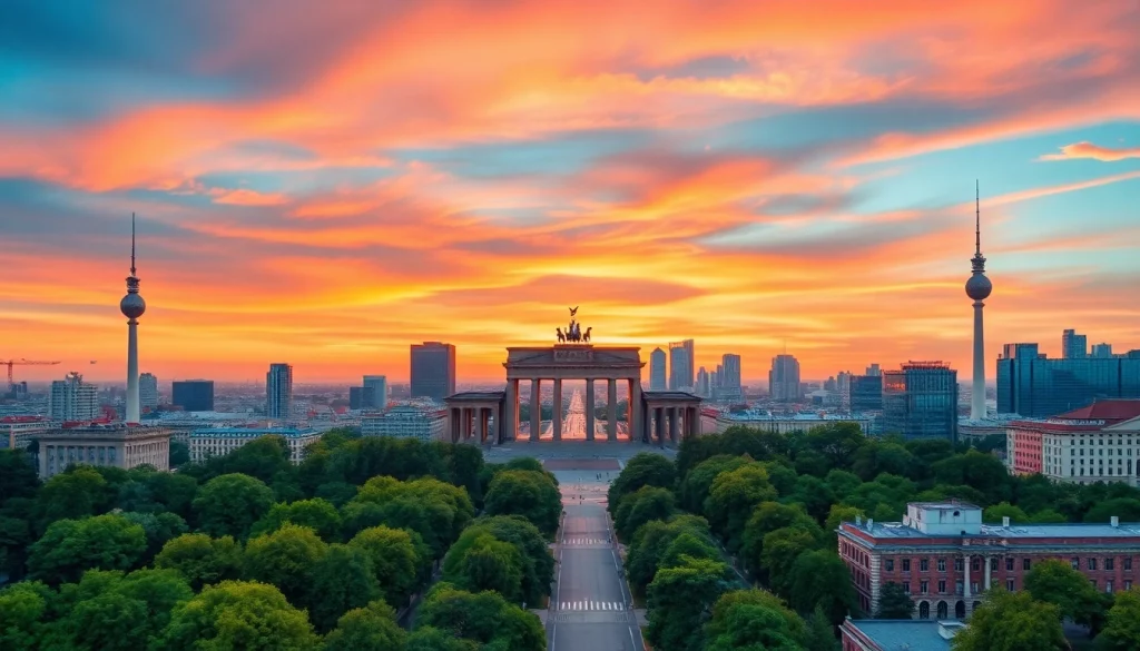 Drohnenaufnahmen Berlin über die Skyline mit dramatischem Sonnenuntergang.