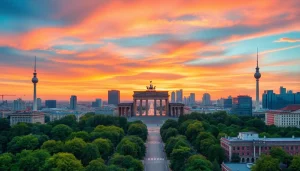 Drohnenaufnahmen Berlin über die Skyline mit dramatischem Sonnenuntergang.