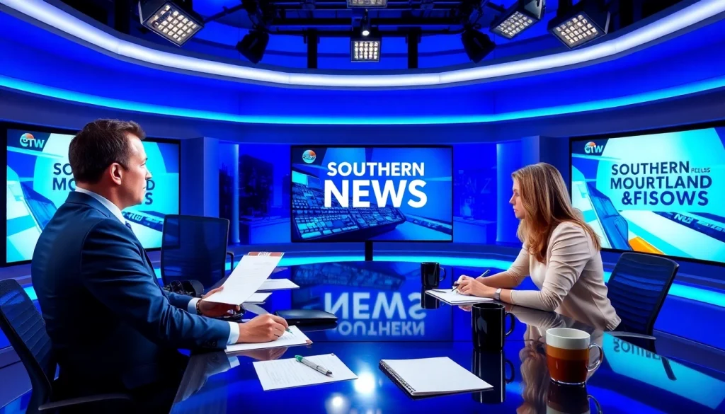 Engaging scene of journalists at https://southernmarylandchronicle.com news desk covering local stories.