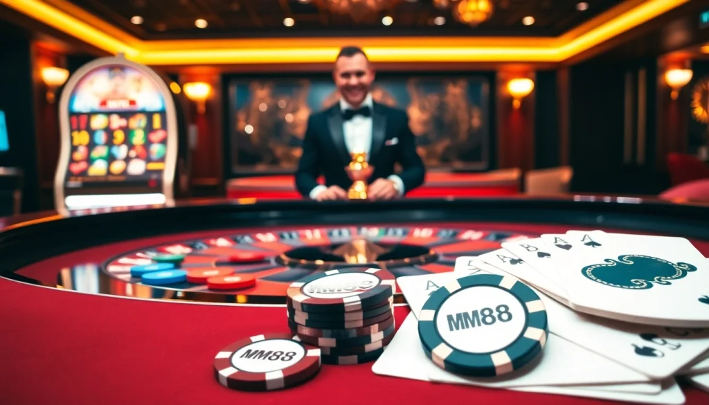 Experience the thrill of casino games at MM88 with vibrant roulette table and luxurious decor.