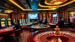 Engage with UU88's vibrant casino atmosphere, featuring modern tables and lively gaming action.