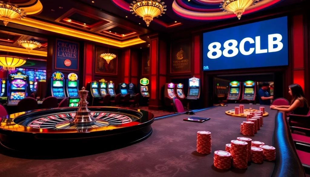 Experience the excitement of gambling with 88CLB in a luxurious casino setting filled with poker chips and roulette.