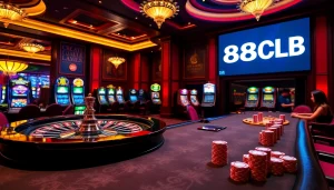 Experience the excitement of gambling with 88CLB in a luxurious casino setting filled with poker chips and roulette.