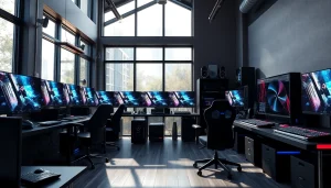 Gaming-PC verkaufen: Ein lebendiger Arbeitsplatz mit mehreren High-End-Gaming-PCs und Zubehör, der eine technikaffine Umgebung zeigt.