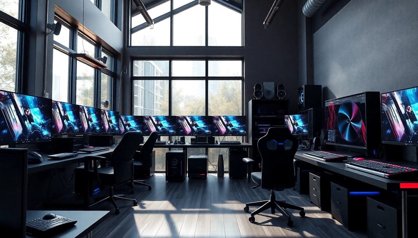 Gaming-PC verkaufen: Ein lebendiger Arbeitsplatz mit mehreren High-End-Gaming-PCs und Zubehör, der eine technikaffine Umgebung zeigt.