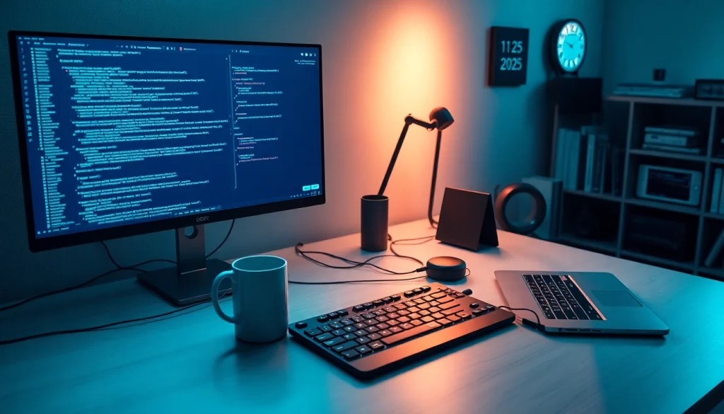 Software engineering workspace with code on monitors and productivity elements.