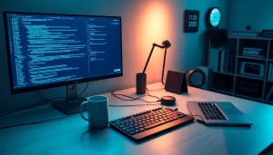 Software engineering workspace with code on monitors and productivity elements.