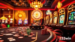 Players enjoying thrilling games at 23win casino, highlighting vibrant slots and table layouts.