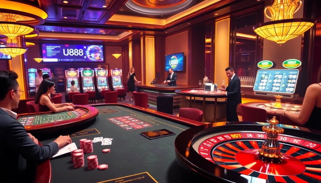 U888 players enjoying a thrilling gambling experience at a luxurious casino table.
