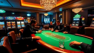 Professional poker players engaged in a thrilling game at https://32wincasino.com/ with elegant casino decor.