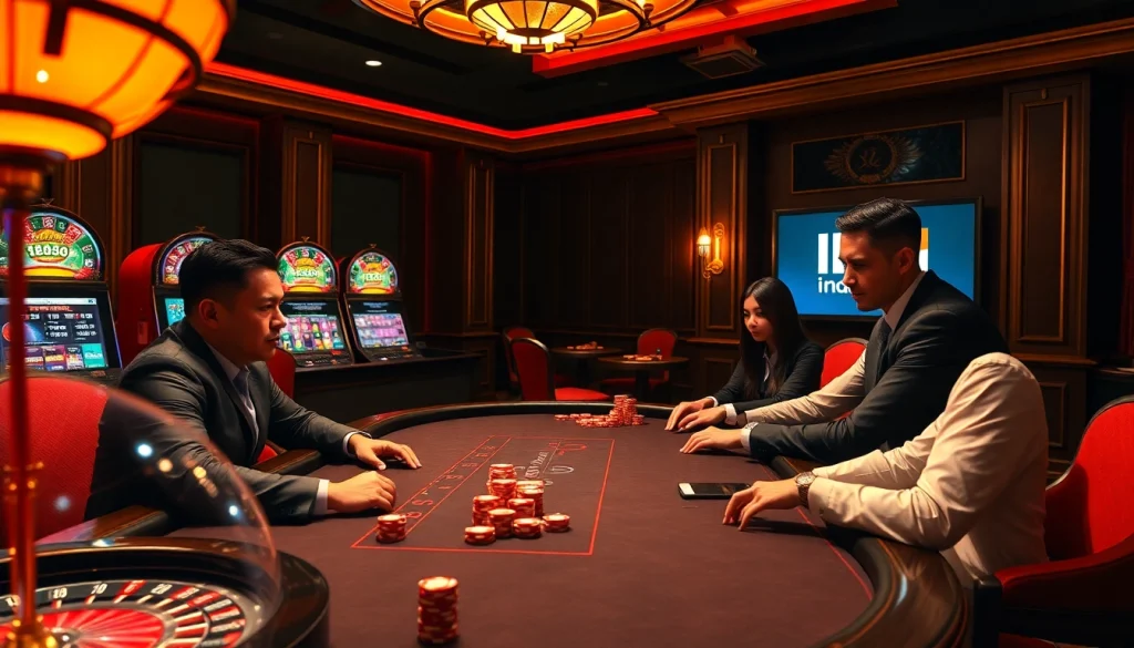 Players engaged at a poker table in a luxurious casino with lk21 indoxxi streaming displayed prominently.