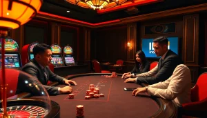 Players engaged at a poker table in a luxurious casino with lk21 indoxxi streaming displayed prominently.