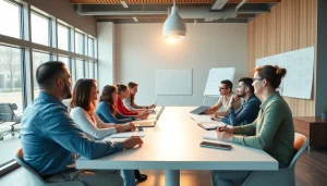 Brightet team collaborating in a dynamic office setting with natural lighting.