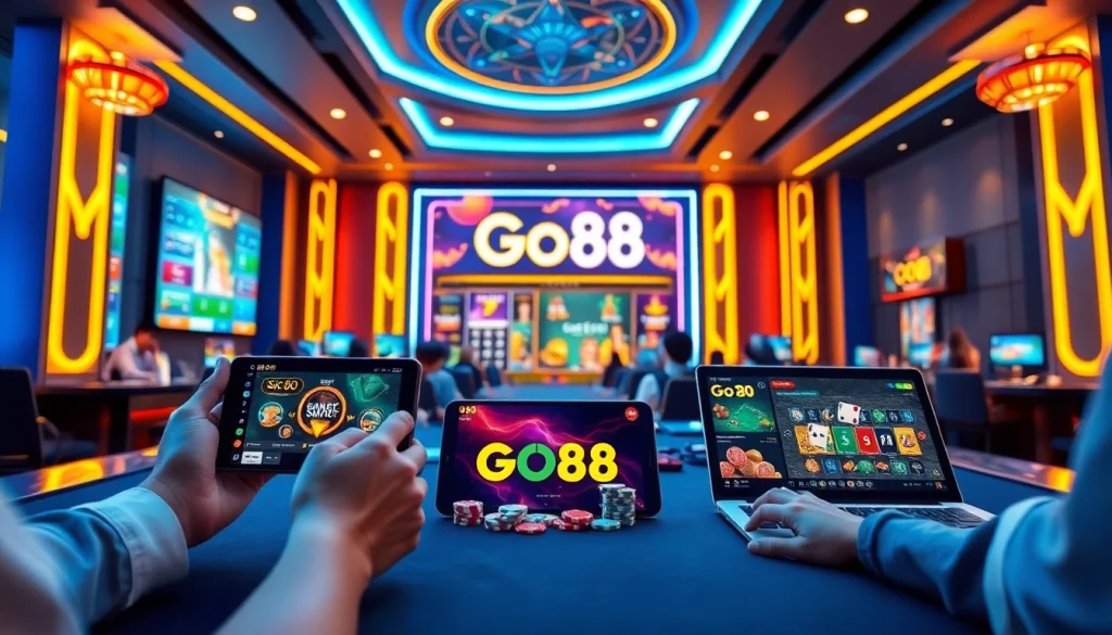 Online gaming scene featuring players on Go88.bio with vibrant casino elements.