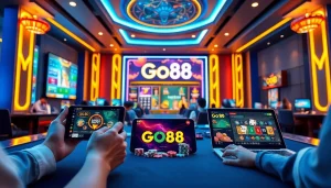 Online gaming scene featuring players on Go88.bio with vibrant casino elements.
