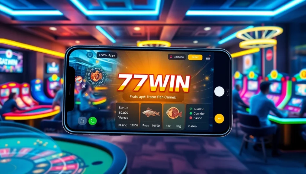 77win apk interface showcased on a smartphone in a vibrant digital casino environment.