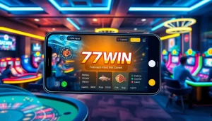 77win apk interface showcased on a smartphone in a vibrant digital casino environment.