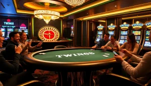 TWIN68 players eagerly betting at a luxurious poker table with vibrant slot machines in the background.