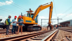 Ratilroad Track Construction Compary engaged in active project with modern equipment and collaborating engineers.