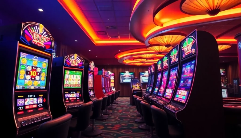 Engaging rtp slot machine in a vibrant casino setting with colorful lights.