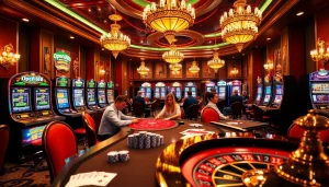Engage in thrilling gameplay at OPEN88's luxurious casino setup featuring poker tables and slot machines.