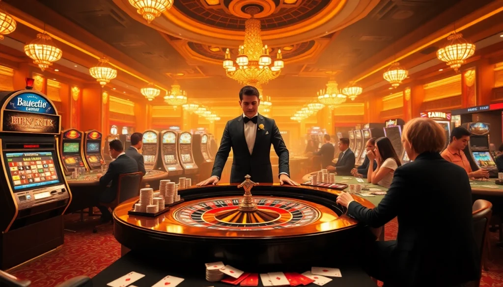 Experience the thrills of berlian 888 with a luxurious casino scene featuring engaged players and vibrant slot machines.