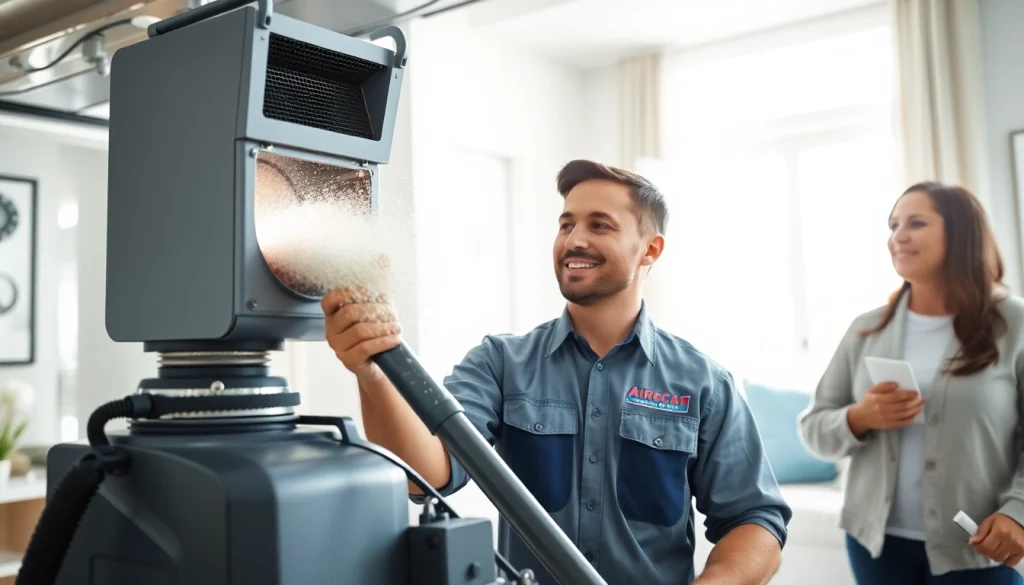 Air Duct Cleaning Service technician demonstrating duct cleaning process in a modern home.