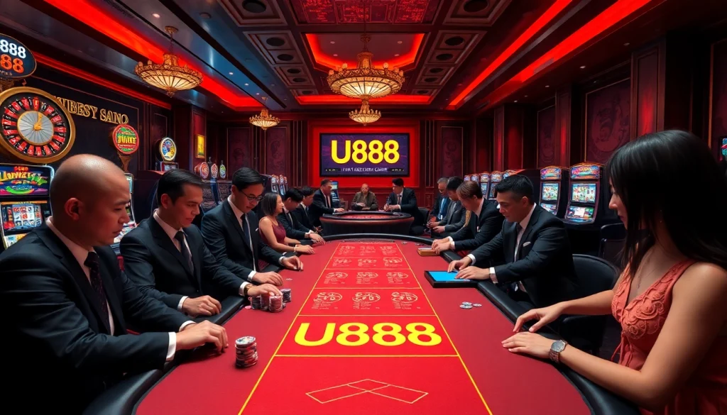 U888 casino gaming table with players enjoying poker and roulette.