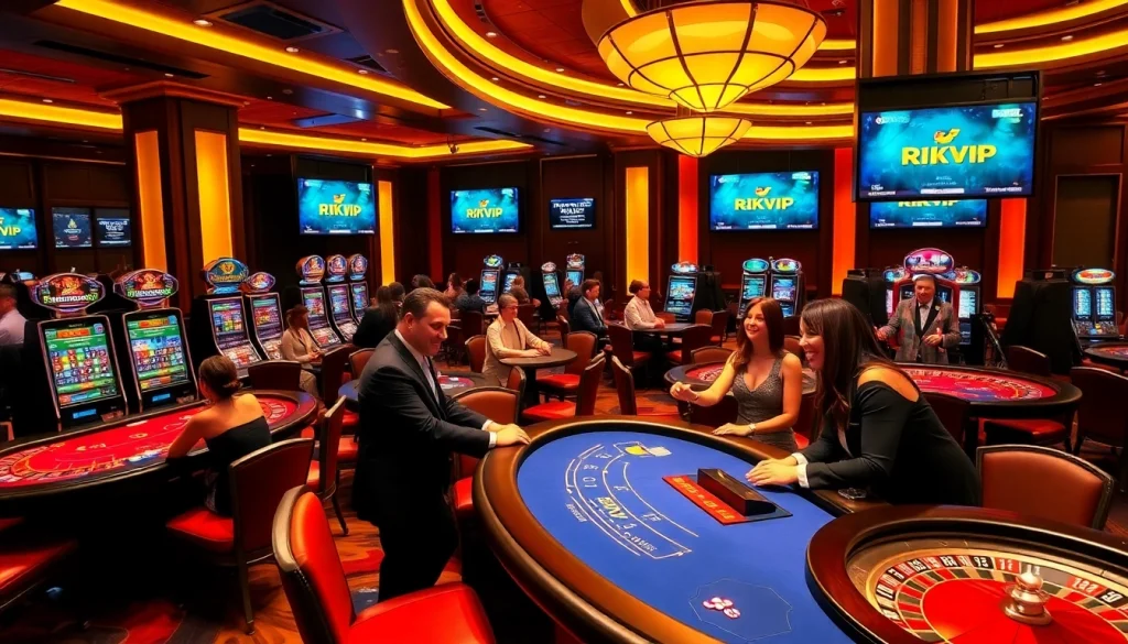 Players enjoying an exciting game at Rikvip's luxurious casino, featuring vibrant tables and thrilling slot machines.
