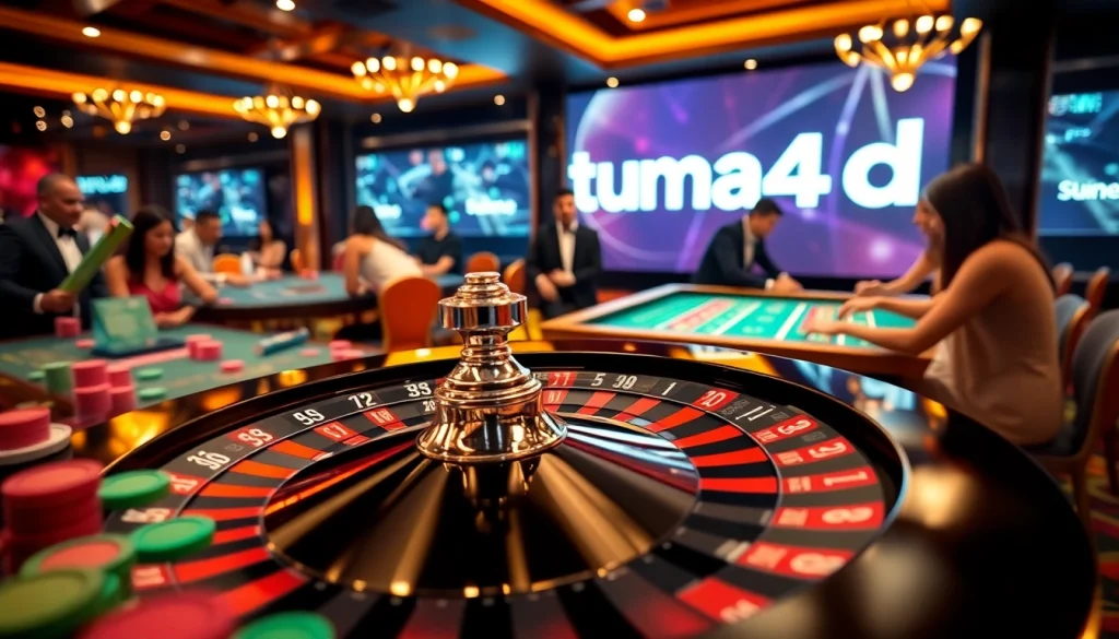 Rasakan sensasi menang dengan Utama4D dalam suasana kasino mewah yang menampilkan roulette dan chip.