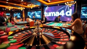 Rasakan sensasi menang dengan Utama4D dalam suasana kasino mewah yang menampilkan roulette dan chip.
