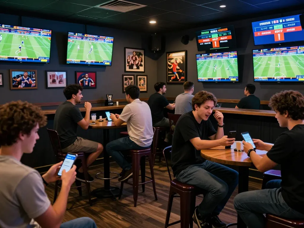 uu88 love enhances sports betting excitement as friends engage with live games in a trendy sports bar.