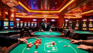 Engaged players strategizing at an idn poker table in a vibrant casino setting.