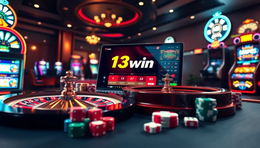 13win offers an exhilarating online gambling experience with vibrant casino elements like roulette and poker chips.